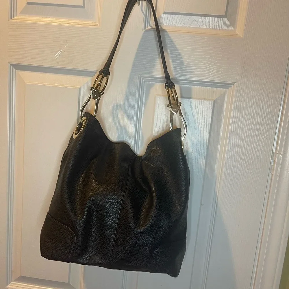 Dasein synthetic leather Black hobo shoulder bag with Bold gold tone hardwares